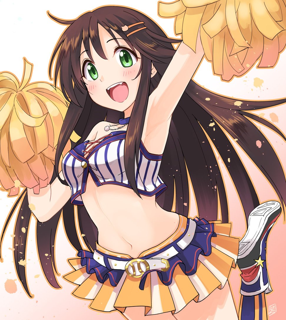 1girl :d arm_up armpits bare_shoulders belt blue_choker breasts brown_hair cat_hair_ornament cheerleader choker cleavage colored_skin commentary_request crop_top cropped_shirt gradient_background green_eyes hair_ornament hairclip hand_up himekawa_yuki holding holding_pom_poms idolmaster idolmaster_cinderella_girls idolmaster_cinderella_girls_starlight_stage jewelry leg_up long_hair looking_at_viewer medium_breasts midriff multicolored_skin navel necklace open_mouth pendant_choker pink_background pleated_skirt pom_pom_(cheerleading) shirt shoe_soles shoes signature skirt sleeveless sleeveless_shirt smile smirs solo standing standing_on_one_leg teeth two-tone_skin two-tone_socks upper_teeth_only white_belt white_shirt