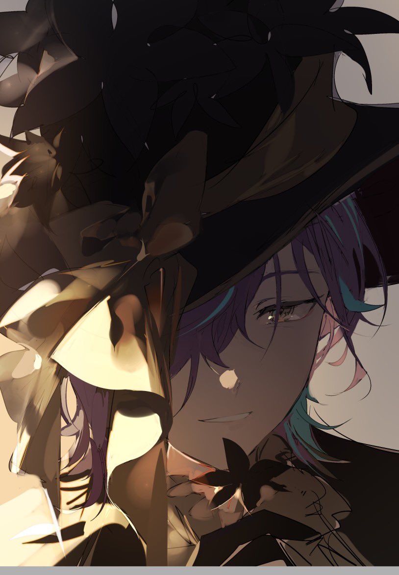 1boy colored_eyelashes commentary_request hat kamishiro_rui male_focus official_alternate_costume official_alternate_hairstyle one_eye_covered portrait project_sekai purple_hair rella short_hair solo teeth yellow_eyes