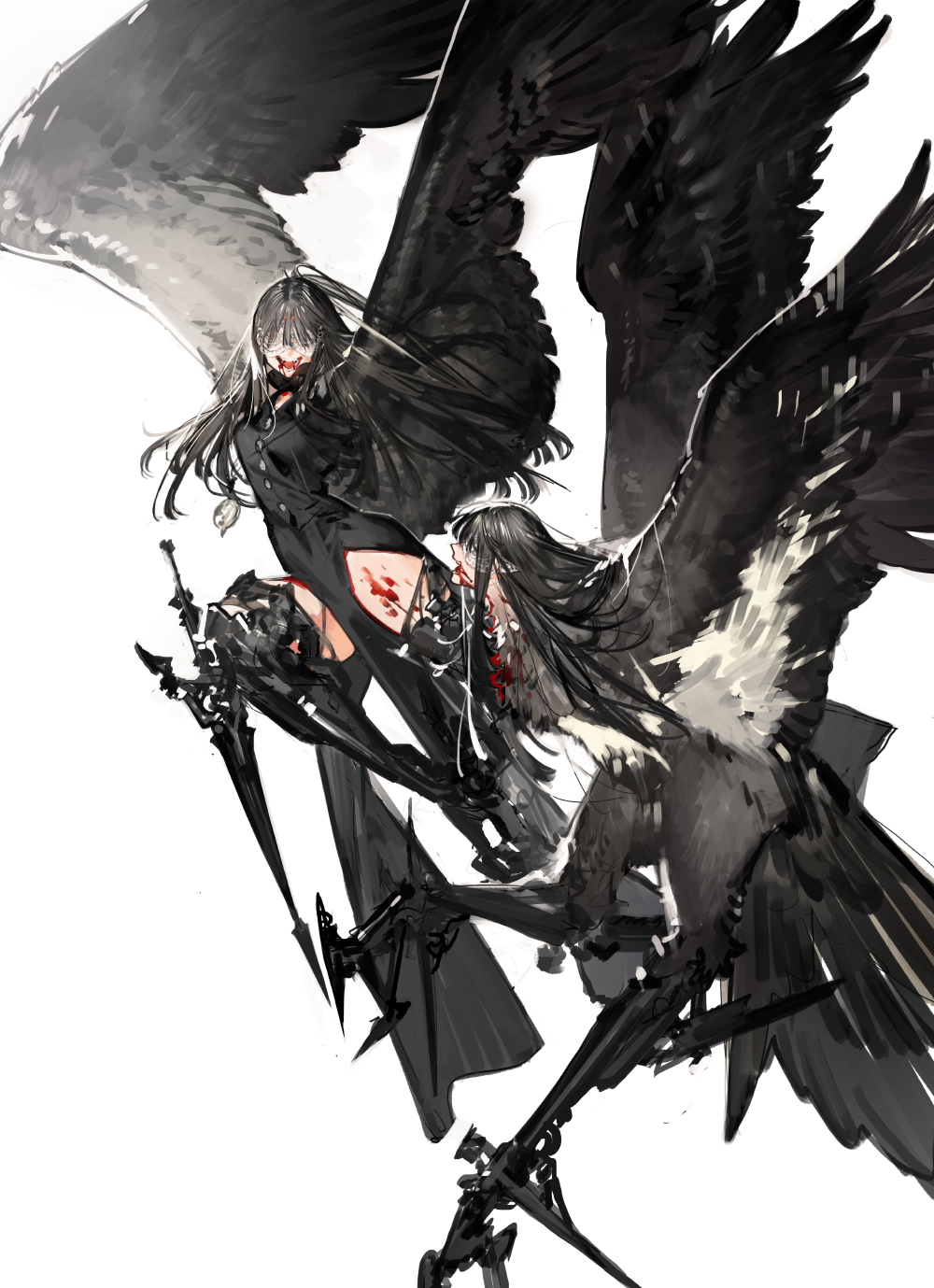 2girls animal_feet bird_tail bird_wings black_dress black_hair black_wings blood blood_from_mouth blood_on_face blood_on_leg covered_eyes dress facing_another facing_viewer feathered_wings flying full_body harpy highres long_hair mechanical_legs monster_girl multiple_girls open_mouth original pelvic_curtain simple_background solo starshadowmagician tail white_background winged_arms wings