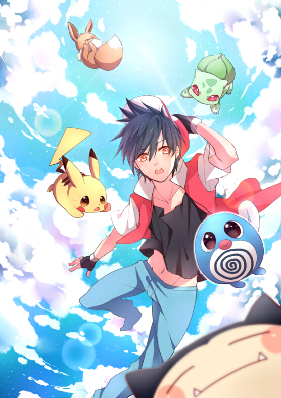 1boy adjusting_clothes adjusting_headwear black_gloves black_hair black_shirt blue_pants blue_sky bright_pupils brown_eyes bulbasaur closed_eyes cloud commentary eevee falling fangs fingerless_gloves gloves jacket lens_flare luan_tang male_focus midriff_peek navel open_clothes open_jacket open_mouth pants pikachu pokemon pokemon_(game) pokemon_rgby poliwag red_(pokemon) red_eyes red_jacket shirt sky snorlax spiked_hair symbol-only_commentary teeth upper_teeth_only white_pupils