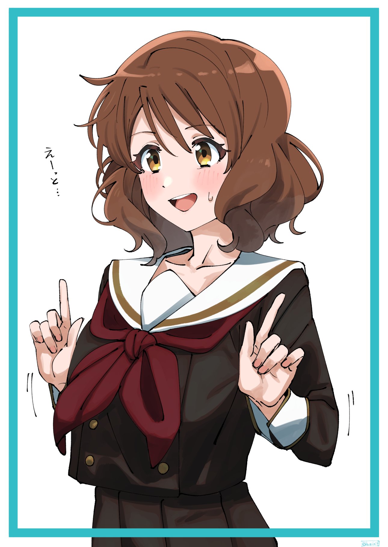 1girl blue_border blush border brown_eyes brown_hair brown_serafuku hair_between_eyes hands_up hibike!_euphonium highres hizikit kita_high_school_uniform motion_lines neckerchief oumae_kumiko pointing pointing_up red_neckerchief school_uniform serafuku short_hair solo sweatdrop upper_body wavy_hair white_background