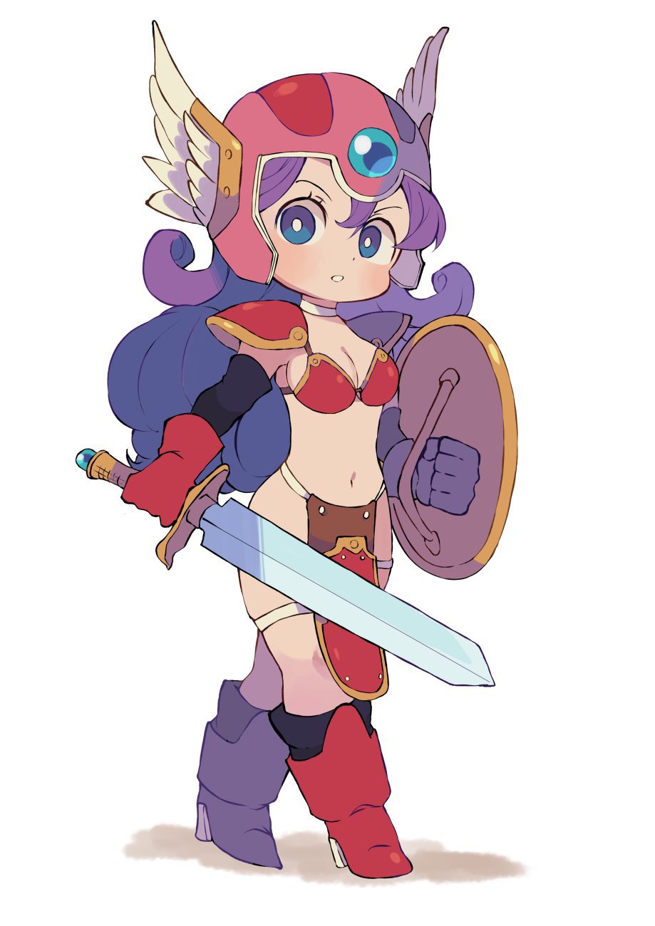 1girl armor bikini_armor black_sleeves blue_eyes blush boots breasts cleavage detached_sleeves dragon_quest dragon_quest_iii gloves hair_between_eyes helmet highres holding holding_shield holding_sword holding_weapon long_hair long_sleeves looking_at_viewer medium_breasts miyata_(lhr) parted_lips pauldrons pink_headwear purple_hair red_armor red_footwear red_gloves shadow shield shoulder_armor simple_background soldier_(dq3) solo sword very_long_hair weapon white_background winged_helmet