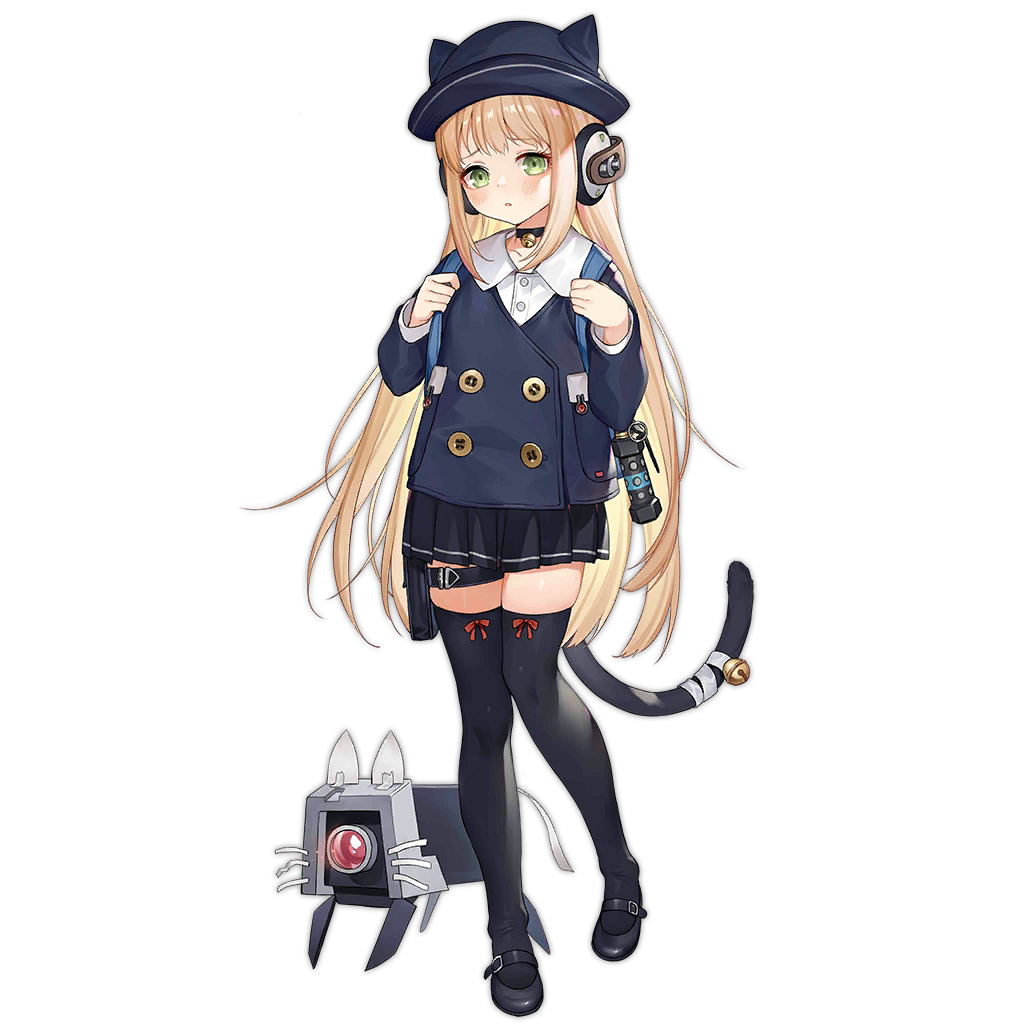 1girl animal_ear_headwear animal_ears backpack bag bandaged_tail behind-the-head_headphones bell black_choker black_footwear black_skirt black_tail black_thighhighs blonde_hair blue_bag blue_headwear blue_jacket blush choker dinergate_(girls'_frontline) fake_animal_ears fake_tail fake_whiskers flashbang full_body girls'_frontline green_eyes haijin hat headphones holding_strap jacket long_hair long_sleeves looking_at_viewer mary_janes neck_bell non-humanoid_robot official_art parted_lips pleated_skirt ribbon_legwear robot sangvis_ferri shirt shoes simple_background skirt solo standing tail tail_bell tail_ornament tape thigh_pouch thigh_strap thighhighs tmp_(black_cat_nursery)_(girls'_frontline) tmp_(girls'_frontline) transparent_background white_shirt
