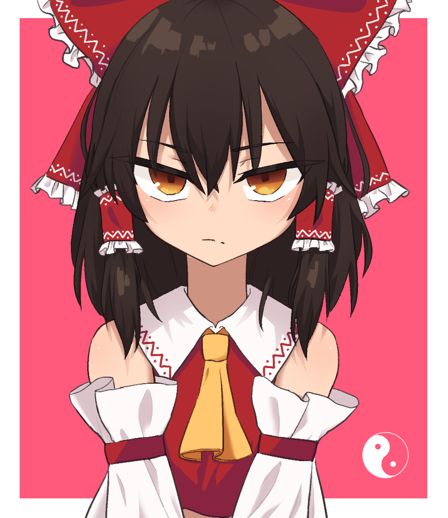 1girl ascot black_hair border bow closed_mouth commentary detached_sleeves hair_bow hair_tubes hakurei_reimu looking_at_viewer orb outside_border red_background red_bow sidelocks simple_background solo split_mouth straight-on strangenovel touhou upper_body white_border yellow_ascot yin_yang yin_yang_orb