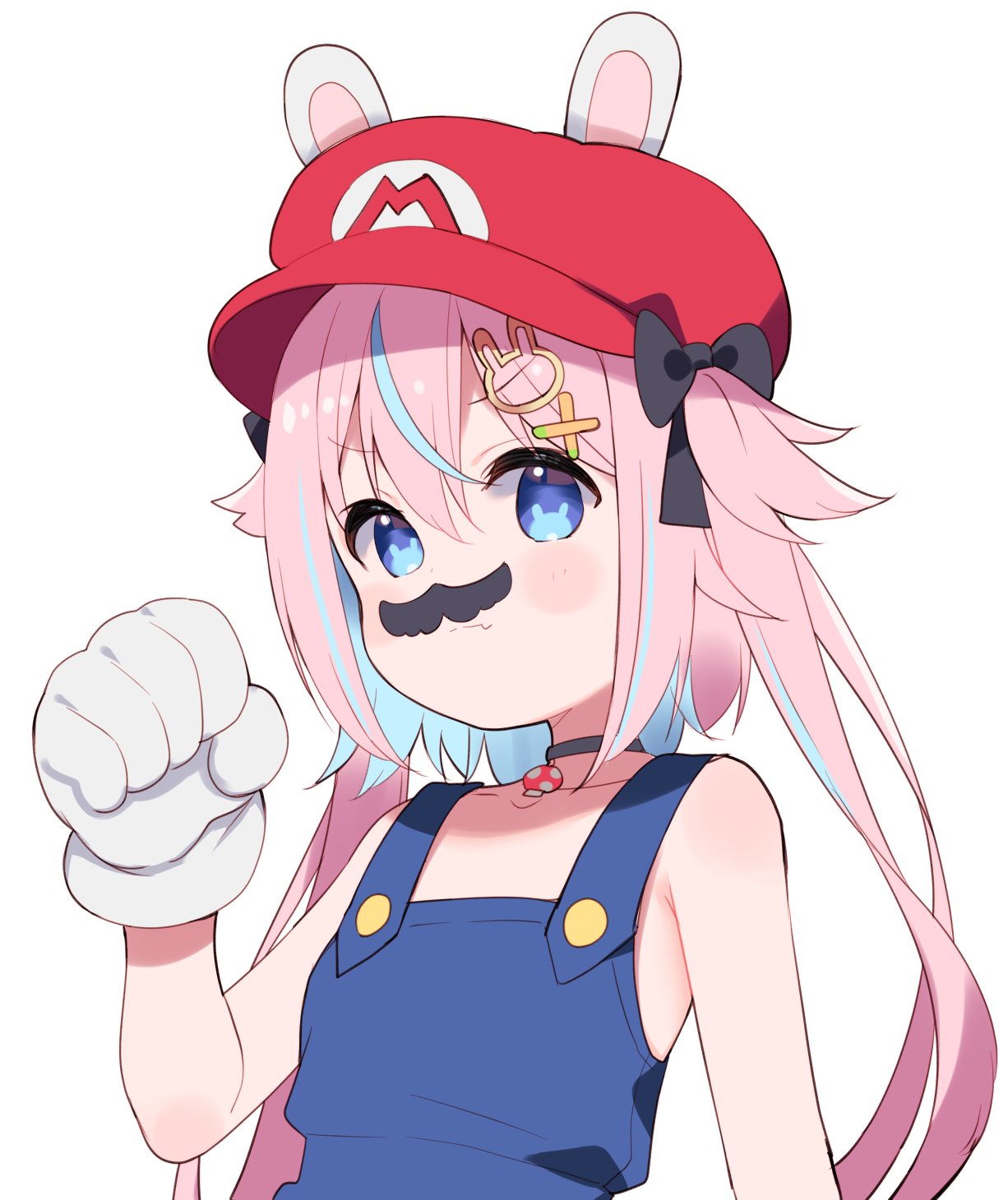 1girl animal_ears bare_shoulders black_bow black_choker blue_eyes blue_hair bow cabbie_hat choker closed_mouth collarbone commentary_request cosplay fake_facial_hair fake_mustache gloves hair_between_eyes hair_bow hand_up hat highres indie_virtual_youtuber long_hair mario mario_(cosplay) mario_(series) meito_(maze) mitsuki_shio multicolored_hair overalls pink_hair rabbit-shaped_pupils rabbit_ears red_headwear simple_background solo streaked_hair symbol-shaped_pupils two_side_up upper_body virtual_youtuber white_background white_gloves