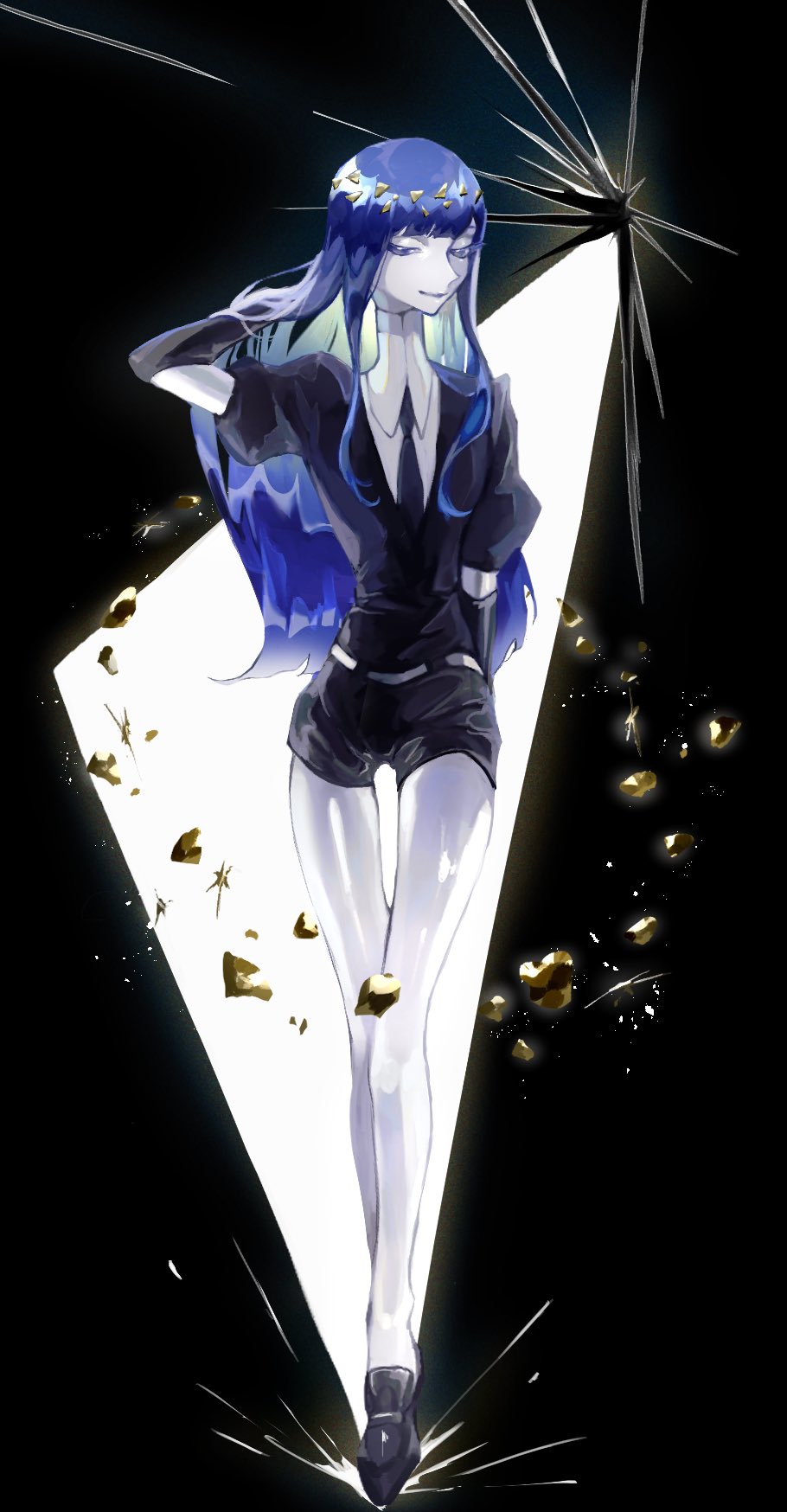 1other adjusting_hair androgynous black_background black_gloves blue_eyes blue_hair blunt_bangs collared_shirt colored_skin crystal_hair elbow_gloves full_body gem_uniform_(houseki_no_kuni) gloves gold half-closed_eyes high_collar highres houseki_no_kuni kaiko_zera lapis_lazuli_(houseki_no_kuni) legs loafers long_hair long_legs necktie other_focus puffy_short_sleeves puffy_sleeves shirt shoes short_jumpsuit short_sleeves shorts sidelocks smile solo spikes straight_hair walking white_skin wing_collar