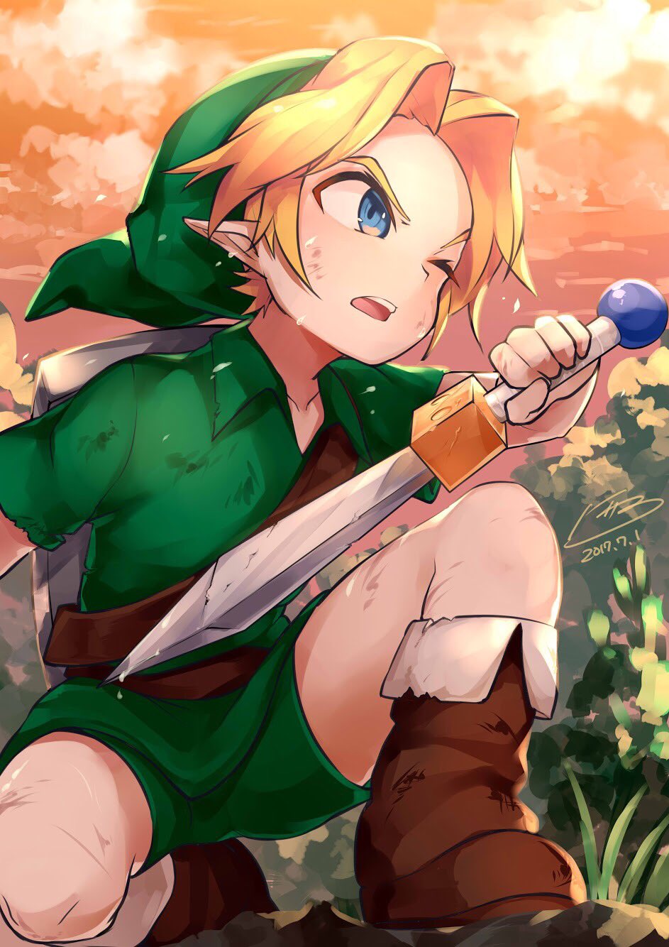 1boy artist_name blonde_hair blue_eyes boots brown_footwear child cloud cloudy_sky commentary_request green_headwear green_tunic hat highres holding kneeling link male_child male_focus niyama_n one_eye_closed open_mouth orange_sky pointy_ears short_hair sky solo sword teeth the_legend_of_zelda the_legend_of_zelda:_majora's_mask the_legend_of_zelda:_ocarina_of_time tunic upper_teeth_only weapon young_link