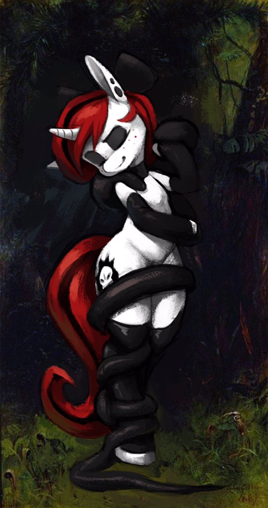 2019 clothing detailed_background draw_over entangled equid equine eyes_closed female feral friendship_is_magic grass hair hasbro horn inspired_by_formal_art latex_thigh_highs legwear lilith_(zajice) mammal my_little_pony outside plant red_hair solo standing stardep tentacles thigh_highs tree unicorn white_body