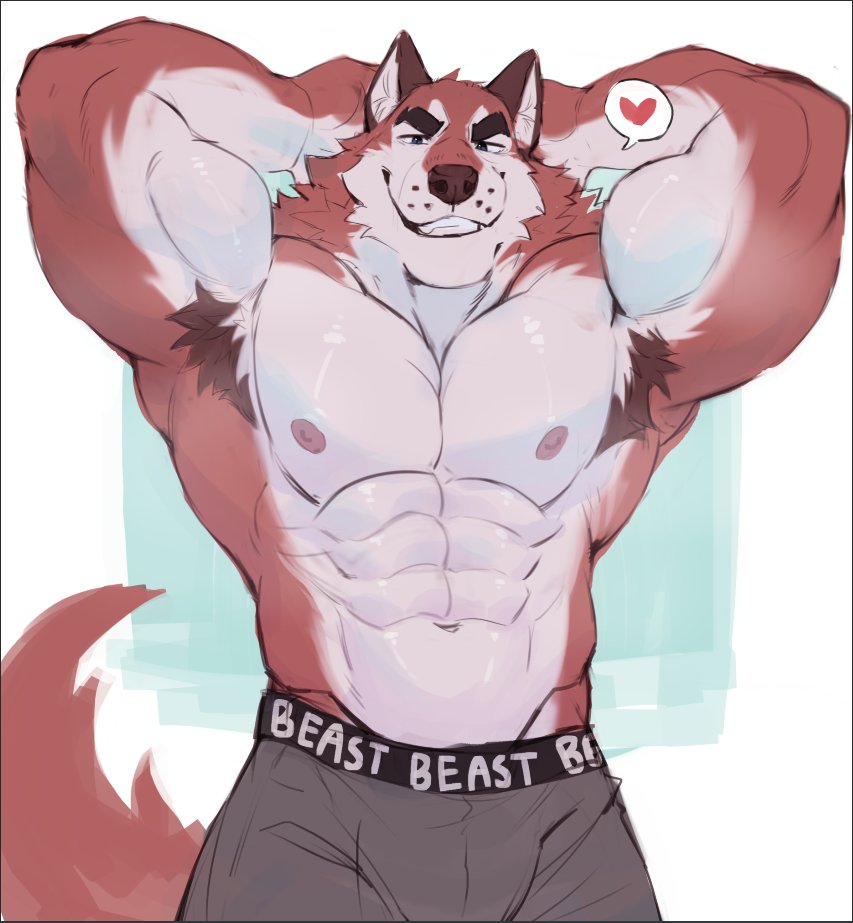 &lt;3 2023 abs anthro armpit_hair biceps big_muscles body_hair boxer_briefs boxer_briefs_only brown_body brown_body_hair brown_countershading brown_fur brown_nose bulge canid canine canis clothed clothing colored countershade_arms countershade_ears countershade_face countershade_torso countershading english_text fangs fur grey_boxer_briefs grey_clothing grey_underwear hands_behind_head looking_at_viewer male mammal muscular muscular_anthro muscular_male navel neck_tuft nipples o_reowoof pecs pink_nipples simple_background smile solo speech_bubble tail tan_body tan_countershading tan_fur teeth text topless triceps tuft underwear underwear_only white_background wolf