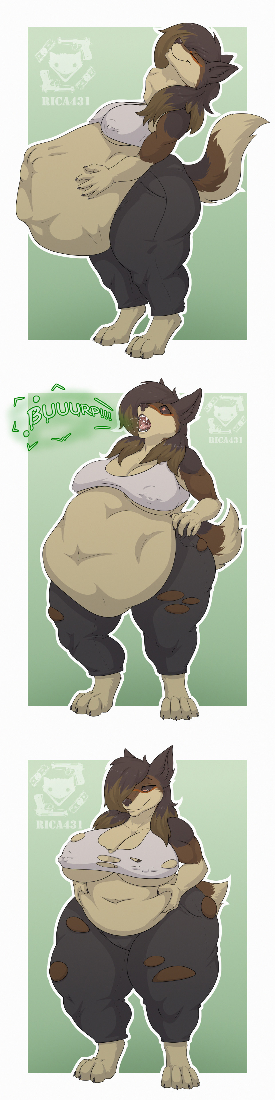 absurd_res anthro anthro_pred areola areola_outline areola_slip barely_visible_areola belly_overhang belly_rolls big_breasts big_butt bodily_fluids bottomwear breasts brown_hair burping butt canid canine canis clothing crop_top dark_sclera digestion digestion_sequence digital_media_(artwork) digitigrade face_imprint female female_pred hair hand_on_own_belly hi_res holding_belly imprint mammal midriff navel neck_bulge nipple_outline oral_vore overweight overweight_anthro overweight_female pants rica431 saliva sequence shirt swallowing thick_thighs topwear torn_bottomwear torn_clothing torn_pants under_boob vore weight_gain wolf