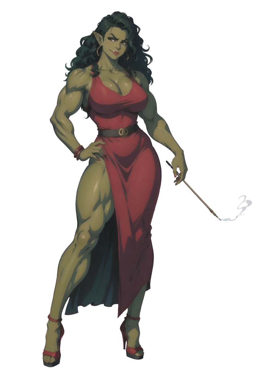 biceps black_hair breasts cigarette_holder cleavage colored_skin curvy dress earrings female_orc femme_fatale full_body green_skin high_heels highres jewelry large_breasts long_hair mole mole_under_eye muscular muscular_female muscular_thighs non-web_source orc orc_female original pointy_ears red_dress red_lips red_nails seductive_smile smile smirk smoking solo white_background