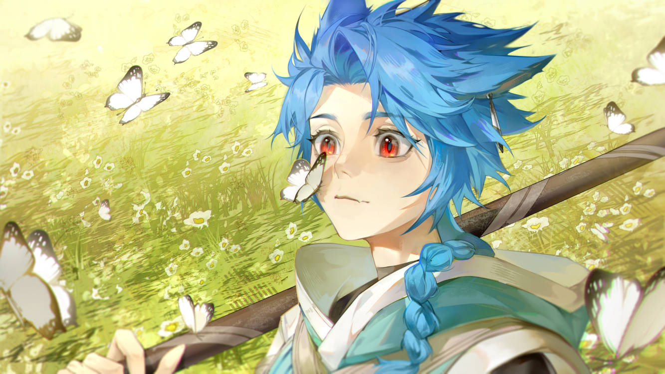 1boy animal_ears asymmetrical_bangs blue_hair braid braided_ponytail bug butterfly capelet child cu_chulainn_(fate) dog_ears earrings fate/grand_order fate_(series) holding holding_polearm holding_weapon hood hooded_capelet jewelry light_led001 long_hair male_child male_focus polearm red_eyes setanta_(fate) solo upper_body weapon white_butterfly