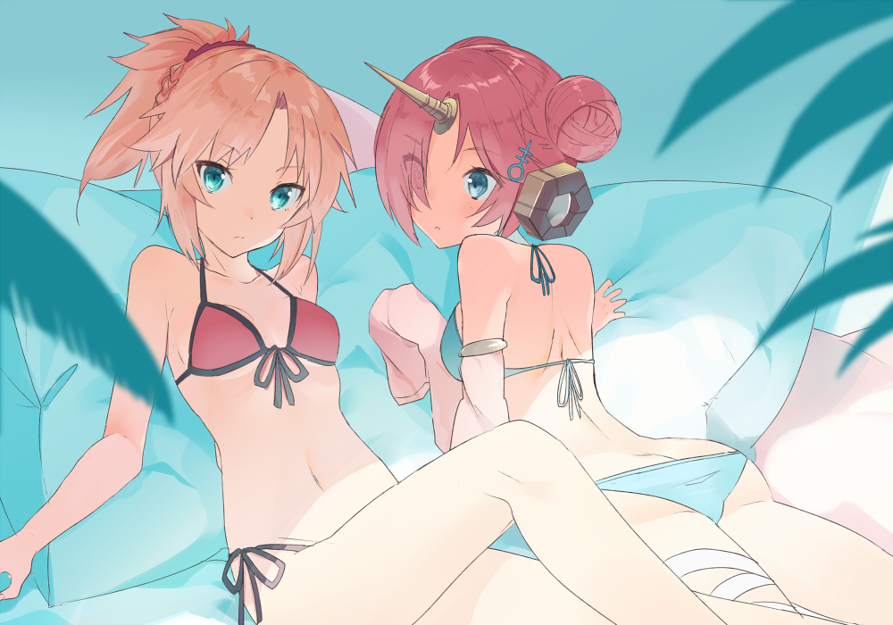 2girls bikini blonde_hair blue_bikini blue_eyes breasts closed_mouth detached_sleeves eka_eri expressionless fate/grand_order fate_(series) frankenstein's_monster_(fate) frankenstein's_monster_(swimsuit_saber)_(fate) frankenstein's_monster_(swimsuit_saber)_(first_ascension)_(fate) front-tie_bikini_top front-tie_top green_eyes hair_bun hair_over_one_eye horns looking_at_viewer lying mechanical_horns mordred_(fate) mordred_(swimsuit_rider)_(fate) mordred_(swimsuit_rider)_(first_ascension)_(fate) multiple_girls on_back on_stomach pillow pink_hair ponytail red_bikini side-tie_bikini_bottom single_detached_sleeve small_breasts swimsuit