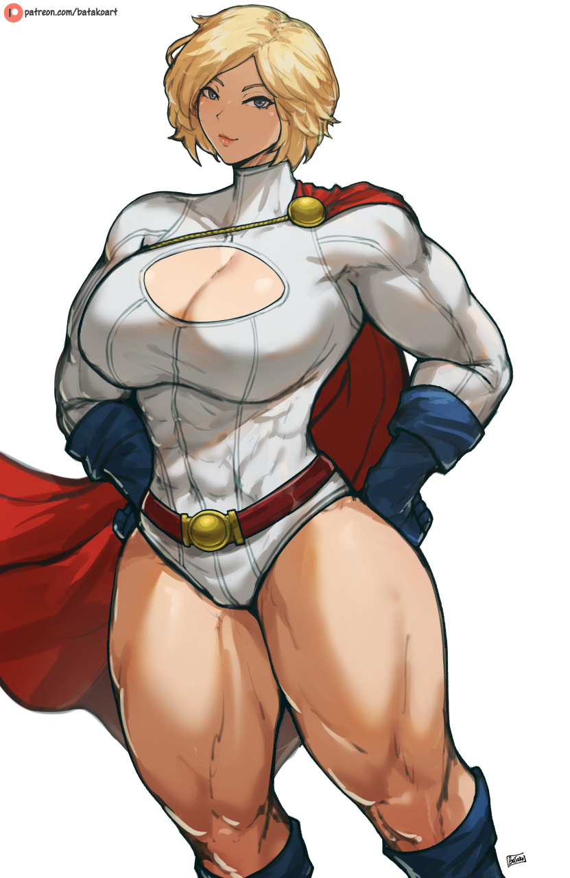 1girl abs batako_(batakoart) blonde_hair blue_eyes boots cape cleavage_cutout clothing_cutout dc_comics gloves hands_on_own_hips highres leotard looking_at_viewer muscular muscular_female plump power_girl short_hair signature smile solo thighs turtleneck white_background