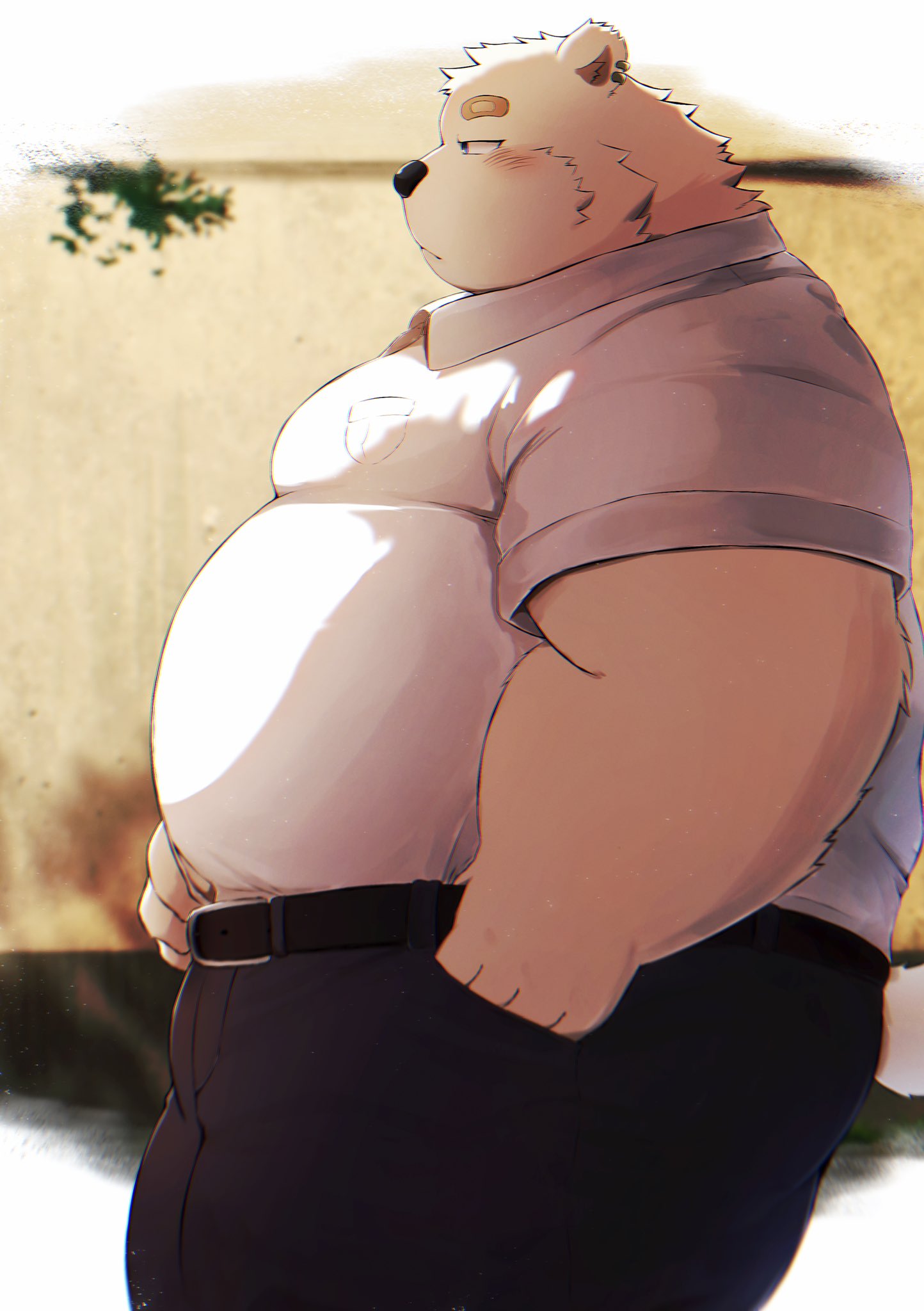 2023 anthro band-aid bandage bear belly big_belly black_nose blush bottomwear clothing ear_piercing ear_ring hi_res kemono male mammal metaporin overweight overweight_male pants piercing polar_bear ring_piercing shirt solo topwear ursine