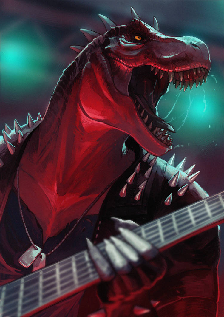 allagar anthro bodily_fluids dinosaur dog_tags electric_guitar guitar male musical_instrument playing_guitar playing_music plucked_string_instrument reptile rocco_(tallion) saliva saliva_string scalie sharp_teeth solo spiked_jacket spikes spikes_(anatomy) string_instrument teeth theropod tongue tyrannosaurid tyrannosaurus tyrannosaurus_rex