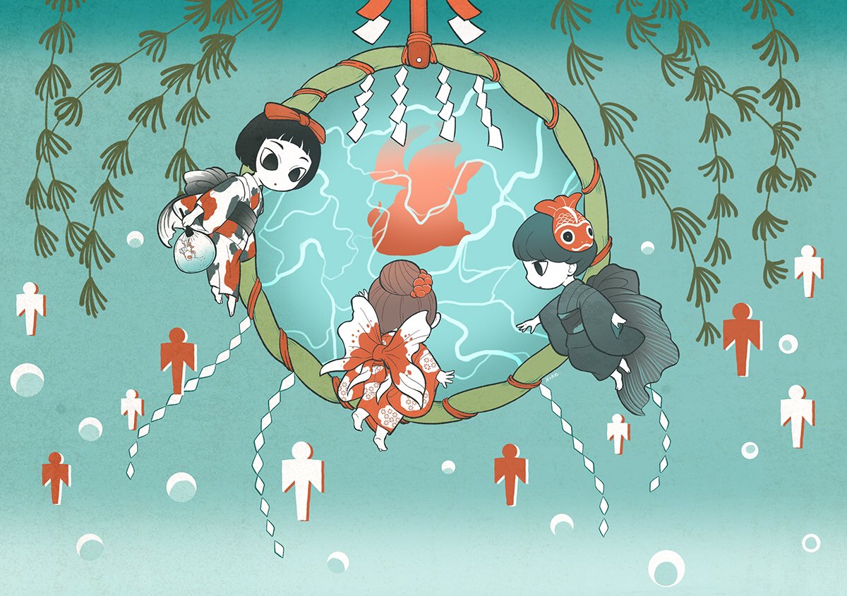 3girls air_bubble arm_at_side arm_up barefoot black_hair bob_cut brown_hair bubble caustics diving facing_away fins fish fish_mask goldfish hair_bun hand_fan holding holding_fan hoop japanese_clothes kimono long_sleeves looking_at_another looking_to_the_side mask mask_on_head multiple_girls original paper_fan plantar_flexion profile reaching red_kimono seaweed shide shikigami shinto short_hair silhouette single_hair_bun soles tokyo_mononoke uchiwa underwater updo water wide_sleeves