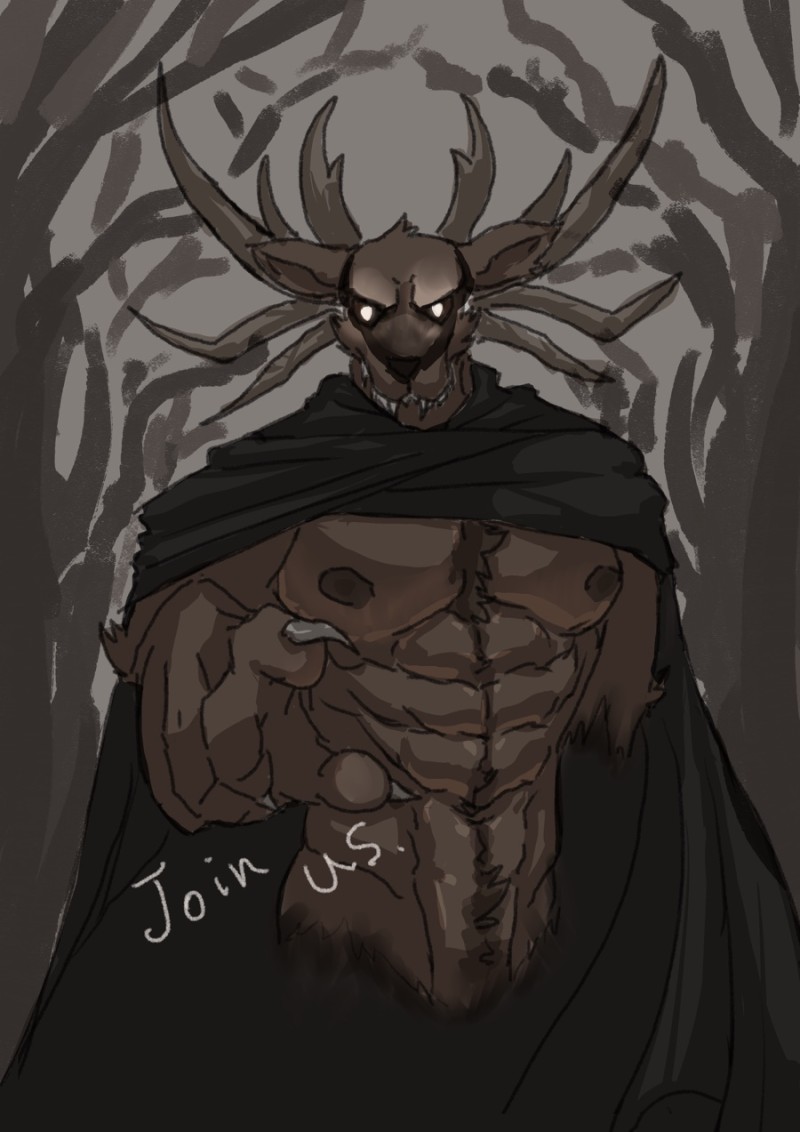 anthro black_cape cape claws clothing english_text forest gesture glowing glowing_eyes half-length_portrait horn male moobs muscular muscular_male plant pointing pointing_at_viewer portrait ro_momod solo spooky's_jump_scare_mansion tagme teeth text tree