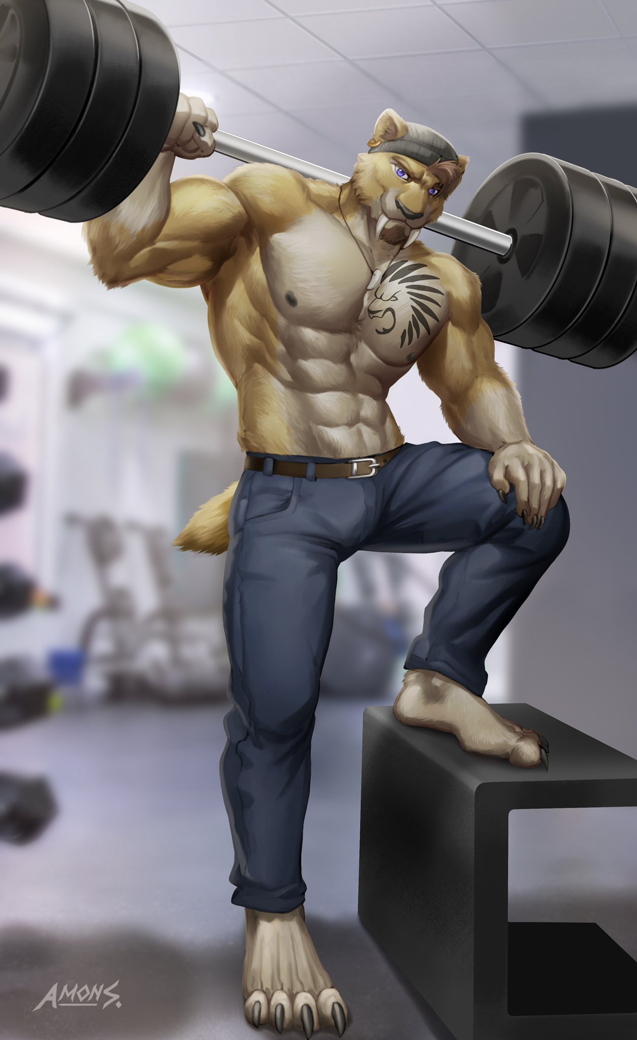 abs amon-sydonai anthro arm_tuft athletic barbell beard belt biceps blurred_background body_hair body_tuft bottomwear brown_hair chest_tuft claws clothing denim denim_clothing ear_piercing ears_through_headwear exercise facial_hair fangs feet feet_tuft felid fur gym hair hat head_tuft headgear headwear hi_res holding_object inside jeans jewelry lifting_object male mammal muscular muscular_anthro muscular_male necklace nipples pantherine pants pecs piercing purple_eyes saber-toothed_tiger serratus sharp_claws sharp_teeth solo standing tail tail_tuft tan_body tan_fur tattoo teeth tiger triceps tuft watermark workout