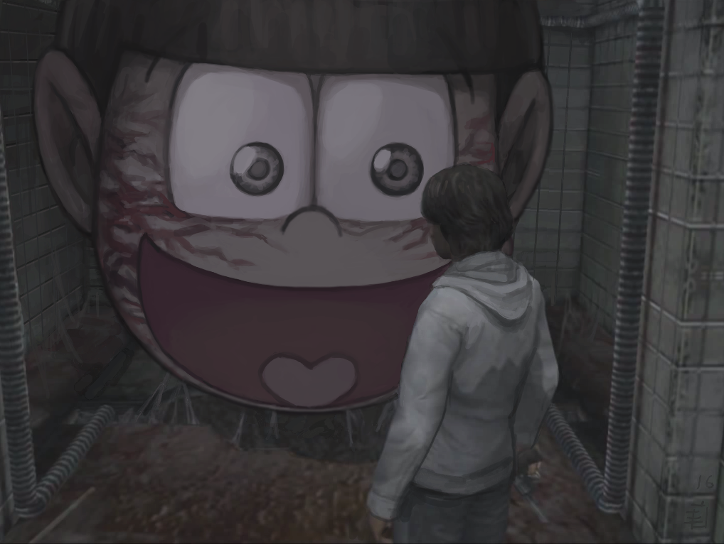 2boys blood_on_wall brown_eyes character_request crossover disembodied_head emlan grey_hoodie heart heart_in_mouth hood hoodie horror_(theme) matsuno_jyushimatsu multiple_boys open_mouth osomatsu-san silent_hill_(series) veins