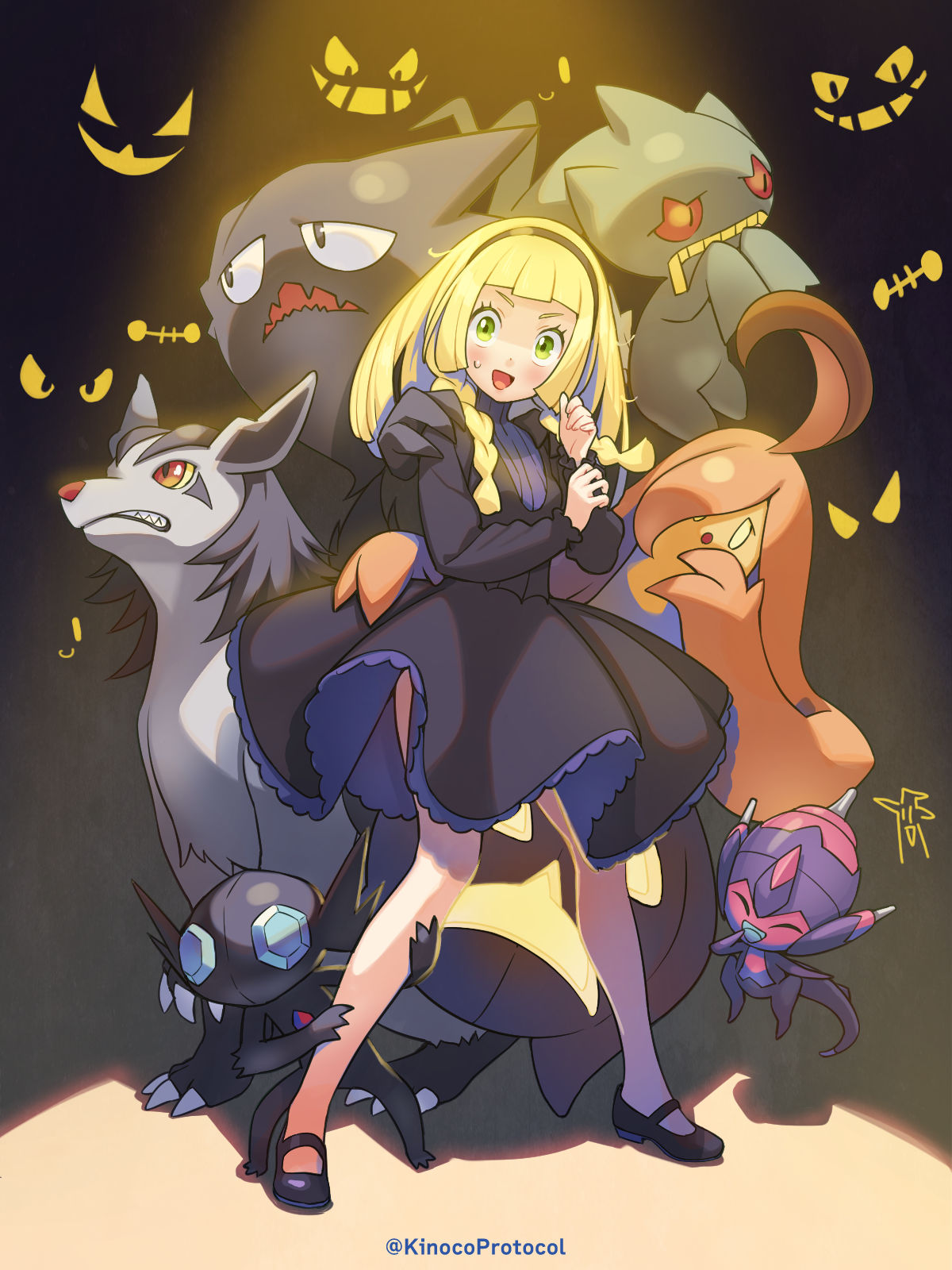 1girl alternate_costume artist_name banette black_dress black_footwear blonde_hair cosplay dress glowing glowing_eyes green_eyes haunter hex_maniac_(pokemon) hex_maniac_(pokemon)_(cosplay) highres kinocopro lillie_(pokemon) long_hair looking_at_viewer mightyena open_mouth poipole pokemon pumpkaboo sableye shoes