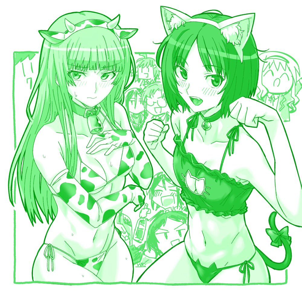 6+girls :d :o ^_^ amagami animal_ear_hairband animal_ears animal_print arm_under_breasts bell bikini blunt_bangs blush bob_cut bottle bow bra breasts cat_cutout cat_ears cat_girl cat_panties cat_print cat_tail chibi chibi_inset cleavage closed_eyes clothing_cutout collarbone commentary cow_ears cow_girl cow_print cow_print_bikini cow_print_gloves cowbell cowboy_shot drink drunk elbow_gloves embarrassed fake_animal_ears frilled_bra frills glasses gloves green_theme groin hairband hand_on_own_chest hands_up hiba_manaka holding holding_bottle holding_drink jingle_bell jitome kamizaki_risa kenchi kurosawa_noriko long_hair looking_at_viewer messy_hair midriff monochrome morishima_haruka multiple_girls nanasaki_ai navel neck_bell opaque_glasses open_mouth outside_border panties paw_pose print_panties sakurai_rihoko short_hair small_breasts smile sweat swimsuit tail tail_bow tail_ornament underwear upturned_eyes v-shaped_eyebrows wavy_hair wavy_mouth yuzuki_ruriko