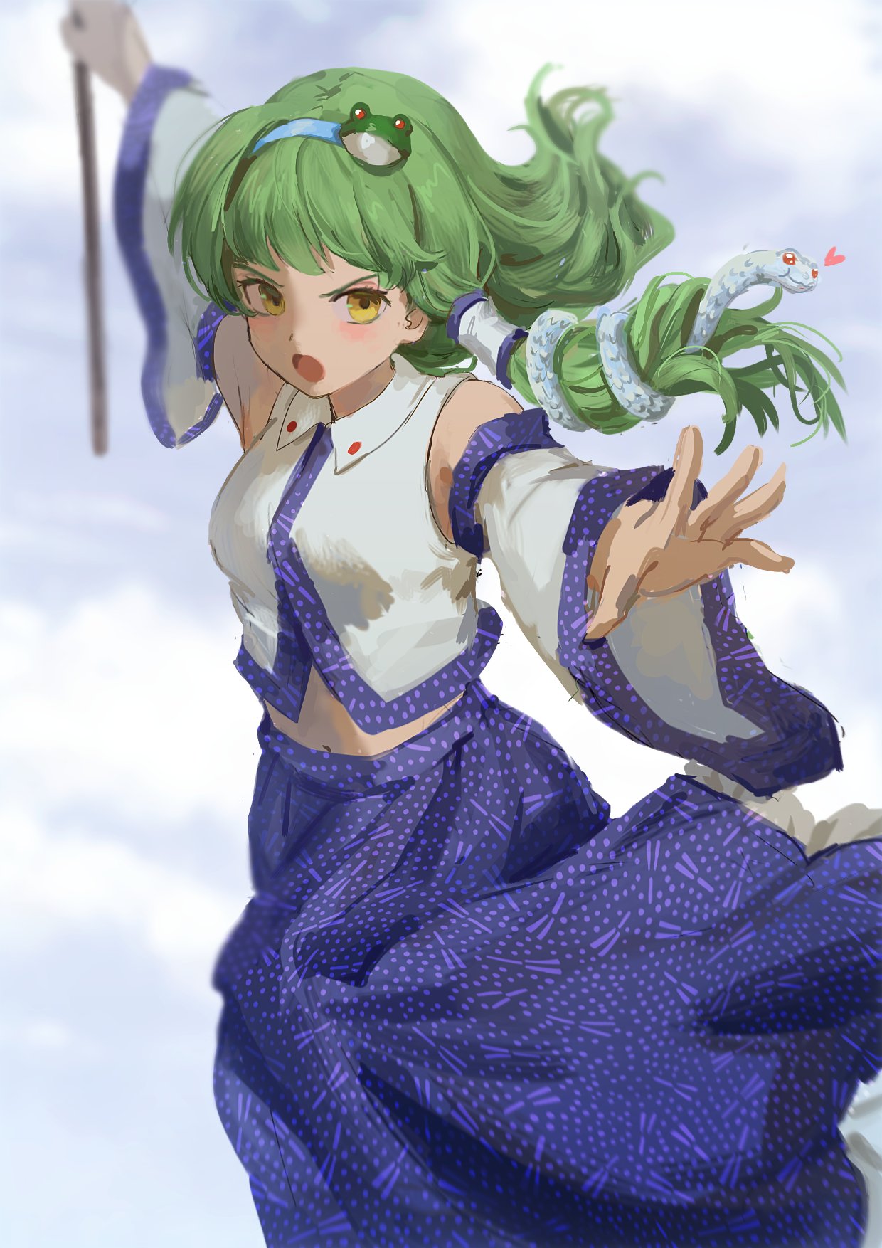 1girl arms_up bare_shoulders blue_skirt blurry blush breasts depth_of_field detached_sleeves floating_hair frog_hair_ornament gohei hair_ornament hairband highres himuhino holding holding_stick kochiya_sanae medium_breasts midriff navel open_mouth serious skirt solo stick touhou v-shaped_eyebrows yellow_eyes