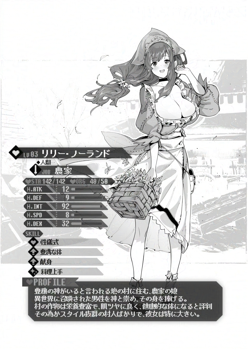 1girl bag basket breasts character_profile cleavage croriin dress full_body greyscale hand_up highres holding holding_basket large_breasts long_hair monochrome original puffy_sleeves satchel shoes short_sleeves solo stats translation_request