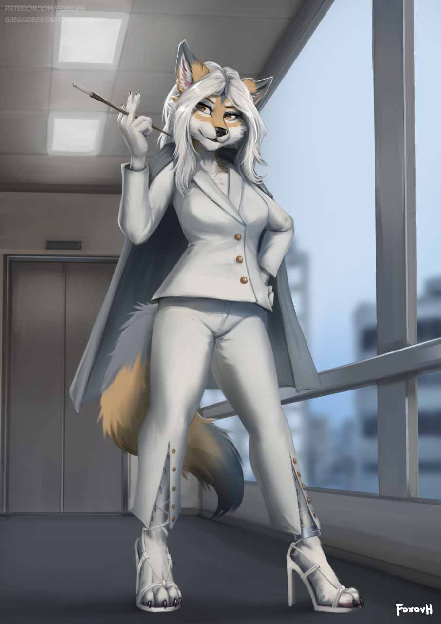 anthro brown_eyes canid canine claws clothed clothing female fluffy fluffy_tail fox foxovh fully_clothed fur hair hi_res mammal solo tail toe_claws white_body white_clothing white_fur white_hair