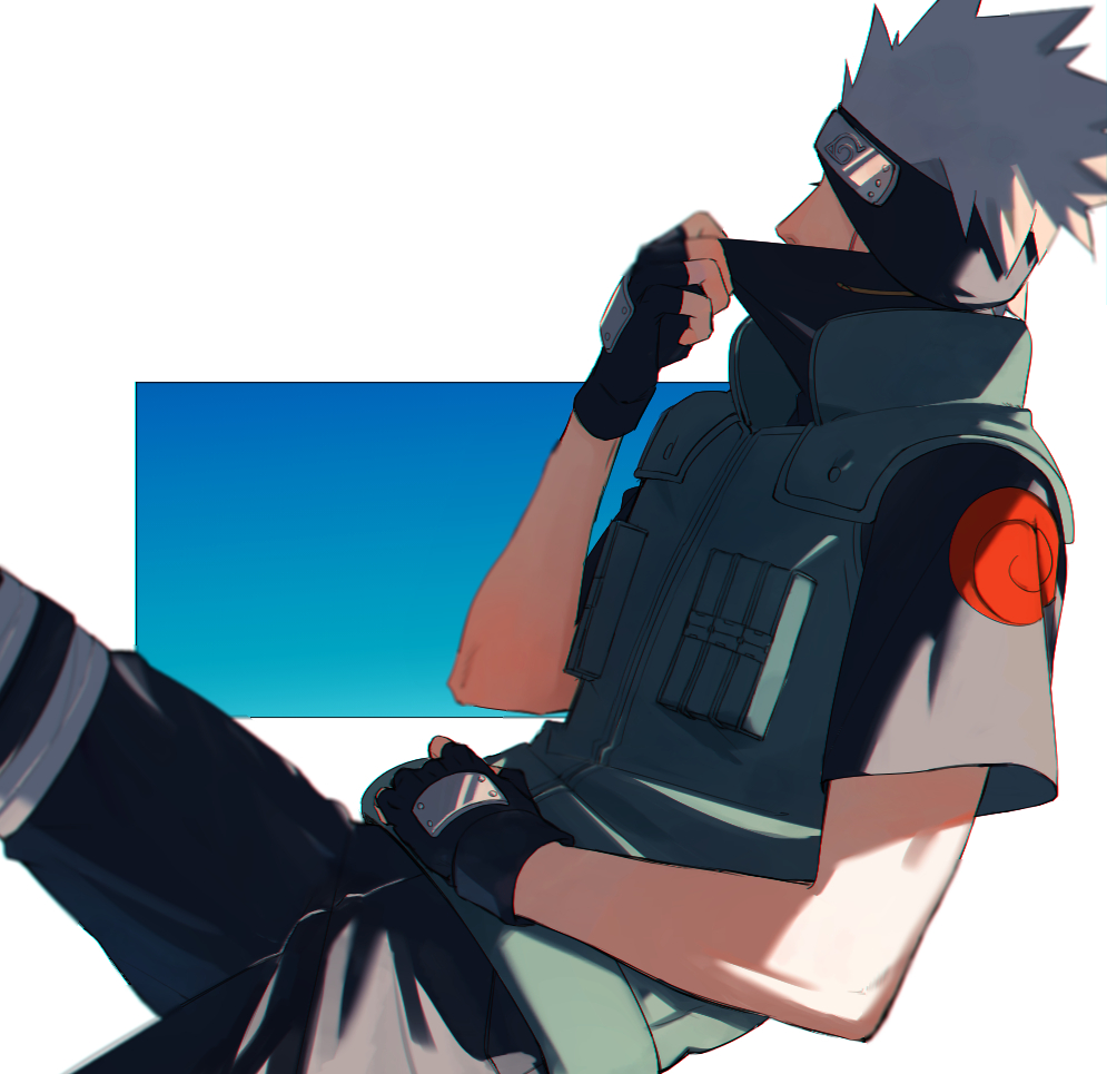 1boy black_gloves black_headband black_pants black_shirt blurry depth_of_field fingerless_gloves gloves green_vest grey_hair hatake_kakashi headband male_focus mask_pull mirin_(coene65) naruto naruto_(series) pants shirt short_hair short_sleeves solo vest white_background