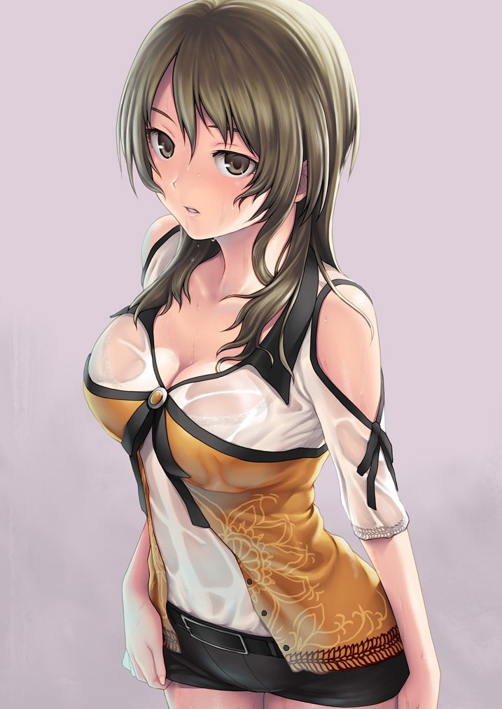 1girl bare_shoulders belt blush breasts brown_eyes brown_hair cleavage clothing_cutout commentary_request fatal_frame fatal_frame_5 kozukata_yuuri large_breasts lavender_background long_hair looking_at_viewer messy_hair open_mouth parted_lips photoshop_(medium) see-through short_shorts shorts shoulder_cutout sidelocks simple_background solo sweat sweaty_clothes tanaka_shoutarou wet wet_clothes