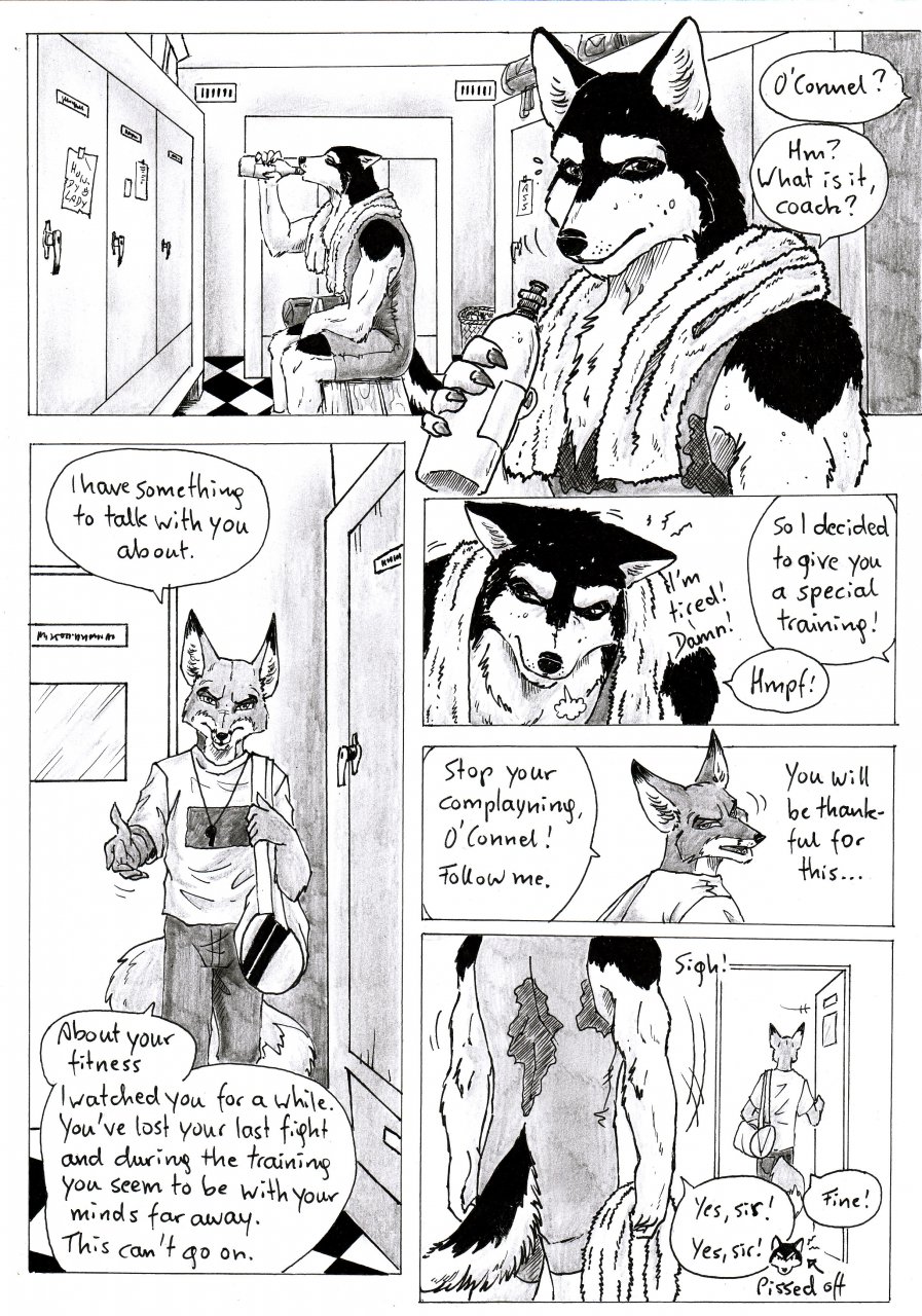 2014 5_fingers anthro beverage black_and_white bodily_fluids bottle breath canid canine canis claws clothing coach comic container dialogue domestic_dog door drinking duffel_bag duo english_text eternal.knot fennec finger_claws fingers floor fox fur hi_res humanoid_hands husky inside key locker locker_bench locker_room looking_at_viewer looking_back male mammal monochrome muscular muscular_anthro muscular_male nordic_sled_dog paper prick_ears sigh sighing sitting snout speech_bubble spitz standing sweat tail text tile tile_floor towel traditional_media_(artwork) vent wrestler