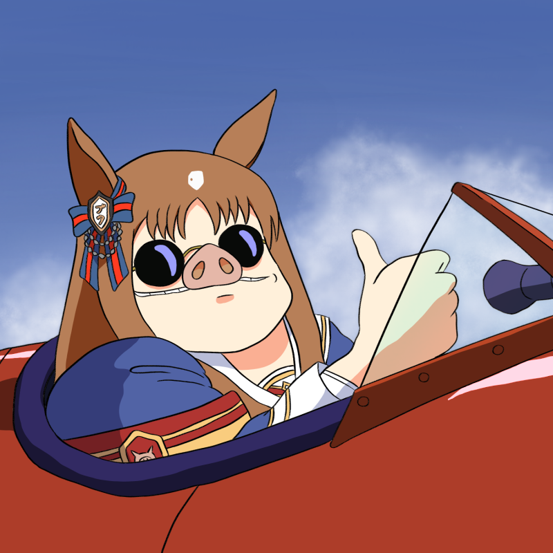 1990s_(style) 1girl aircraft airplane animal_ears armband blue_bow bow brown_hair cloud commentary_request don't_bully_suzuka ear_bow fusion grass_wonder_(umamusume) grin horse_ears kurenai_no_buta long_sleeves pig porco_rosso_(character) red_bow retro_artstyle sky smile striped striped_bow studio_ghibli_(style) sunglasses thumbs_up two-tone_bow umamusume white_hair