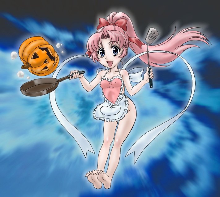 1girl amano_mika apron bow breasts commentary_request covered_nipples frilled_apron frills frying_pan grey_eyes groin hair_bow high_ponytail holding holding_frying_pan holding_spatula jack-o'-lantern naked_apron okusama_wa_michael pink_hair small_breasts solo spatula yoshiten