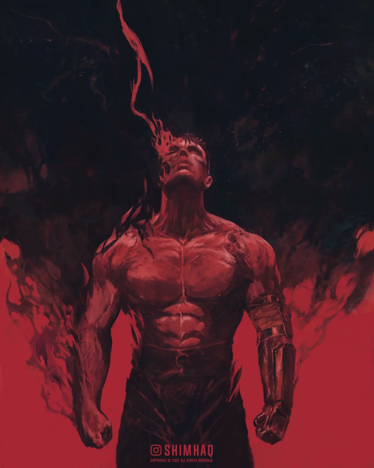 1boy abs artist_name berserk black_hair black_pants clenched_hands closed_eyes commentary copyright depressed english_commentary guts_(berserk) highres instagram_logo looking_up muscular pants prosthesis prosthetic_arm red_theme shimhaq short_hair topless topless_male