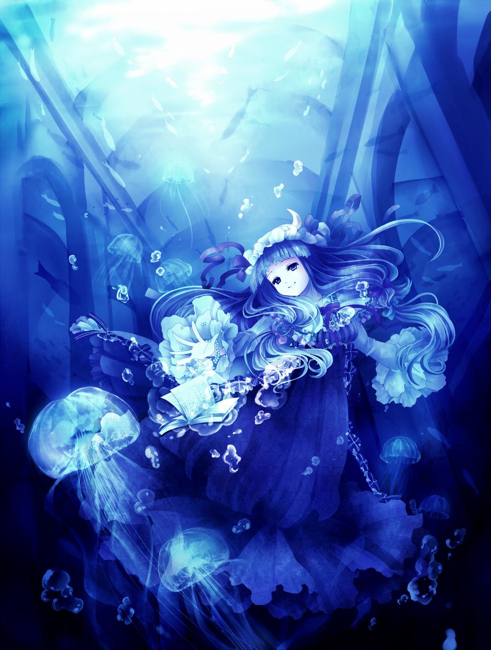 1girl blue_theme book bow bowtie bracelet bubble bun_cover closed_mouth commentary_request crescent crescent_hat_ornament double_bun dress eyelashes fish floating_hair frilled_dress frilled_hat frilled_sleeves frills hair_bun half-closed_eyes hanada_hyou hat hat_bow hat_ornament highres indoors jellyfish jewelry library long_dress long_hair long_sleeves mob_cap open_book outstretched_arm patchouli_knowledge pearl_bracelet robe smile solo striped striped_dress telekinesis touhou turning_page underwater vertical-striped_dress vertical_stripes very_long_hair