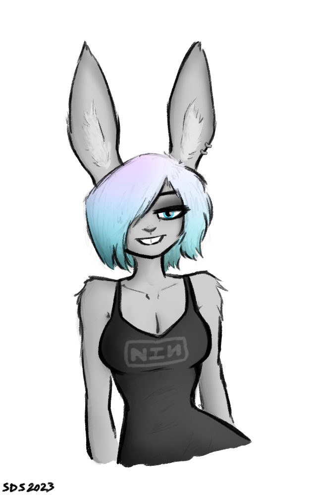 2023 anthro arm_tuft big_ears black_nose blue_eyes blue_hair breasts cleavage clothed clothing ear_piercing eyelashes female female_anthro fur gradient_hair grey_body grey_fur hair hair_over_eye half-length_portrait inner_ear_fluff lagomorph leporid looking_at_viewer mammal multicolored_hair nine_inch_nails one_eye_obstructed piercing pink_hair portrait rabbit shirt short_hair signature simple_background smile solo spacedimsum tank_top text text_on_clothing text_on_shirt text_on_tank_top text_on_topwear toothy_smile topwear tuft two_tone_hair white_background wide_hips