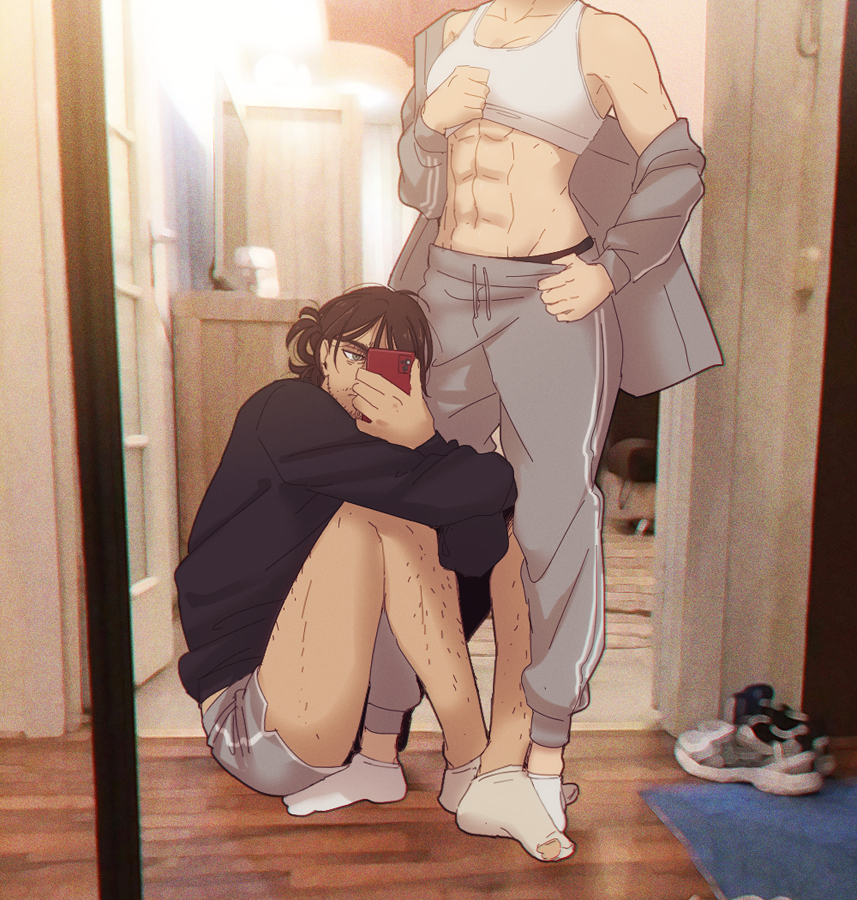1boy 1girl abs black_panties black_sweater breasts brown_hair chromatic_aberration cleavage commentary_request contemporary dolphin_shorts eren_yeager facial_hair hanpetos head_out_of_frame hugging_another's_leg jacket leg_hair medium_breasts mikasa_ackerman mirror off_shoulder panties pants photo_background shingeki_no_kyojin shorts single_hair_ring sitting sports_bra stubble sweater sweatpants toned torn_clothes torn_socks track_jacket underwear white_sports_bra
