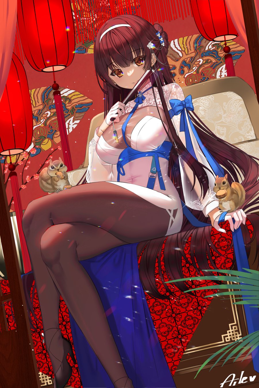 1girl aile_(crossroads) black_footwear bodystocking breasts brown_eyes brown_hair cleavage closed_mouth commentary_request covered_navel crossed_legs daiyan_(neural_cloud) dress feet_out_of_frame flower folded_fan folding_fan food_in_mouth girls'_frontline girls'_frontline_neural_cloud hair_between_eyes hair_flower hair_ornament hairband hand_fan hand_up high_heels highres holding holding_fan long_sleeves mouth_hold puffy_long_sleeves puffy_sleeves see-through see-through_cleavage shoes signature sitting solo squirrel white_dress white_flower white_hairband