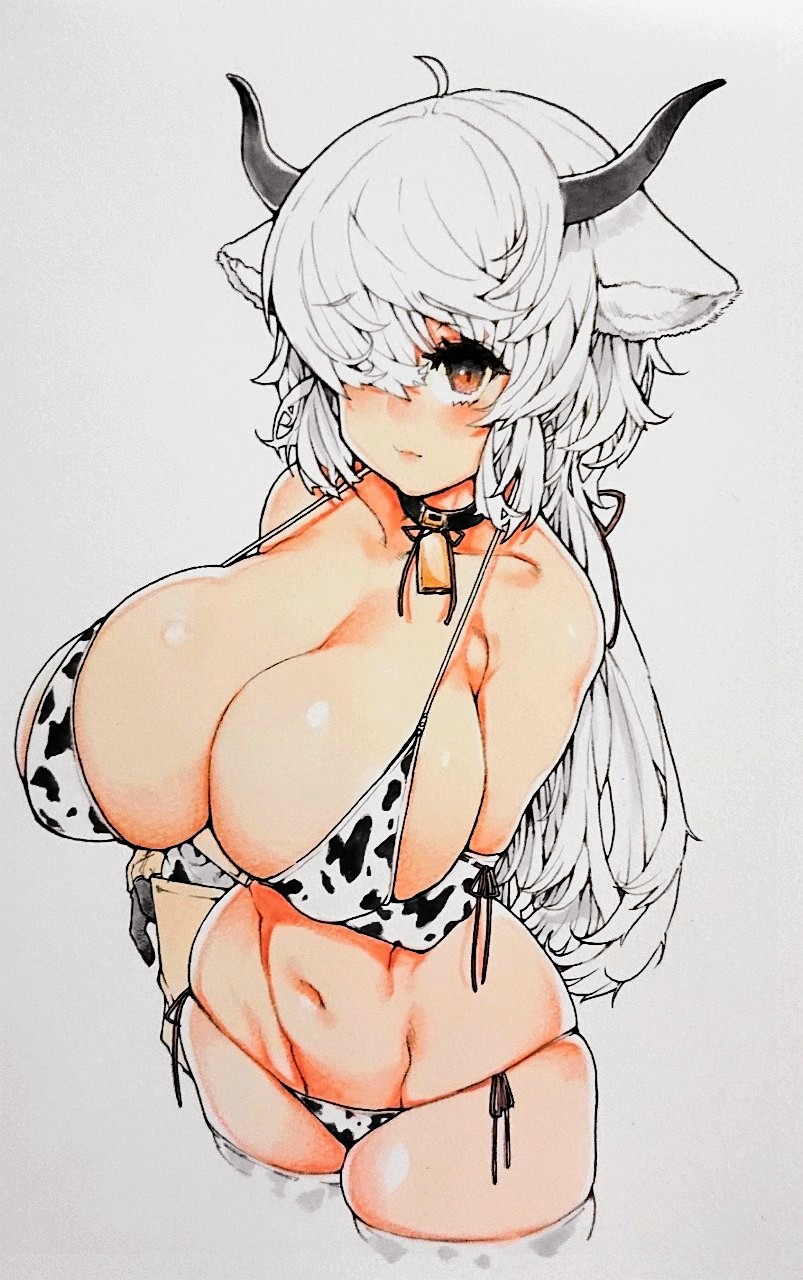 1girl animal_print arms_under_breasts bell bikini breasts brown_eyes choker cow_print cowbell highres horns huge_breasts kemono_friends long_hair looking_at_viewer nervous ox_ears ox_girl ox_horns sabusupi simple_background solo swimsuit thighhighs traditional_media white_background white_hair yak_(kemono_friends)