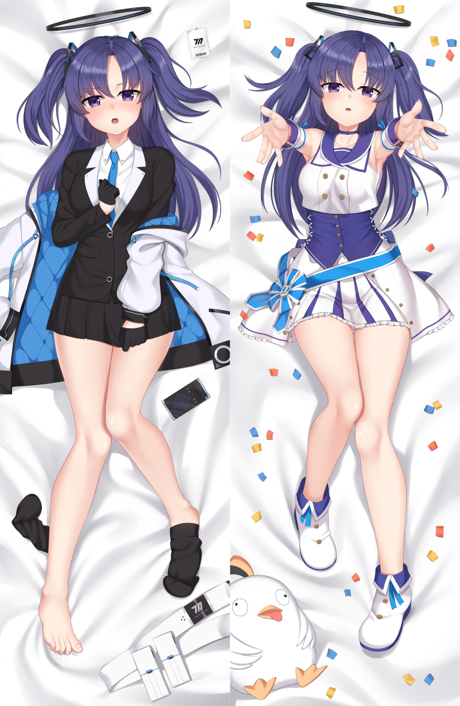 1girl arms_up bed_sheet belt belt_removed black_socks blazer blue_archive blue_necktie cellphone choker coat collarbone collared_shirt commentary_request dakimakura_(medium) detached_sleeves elbow_gloves frilled_skirt frills full_body gloves hair_between_eyes hair_ornament halo highres id_card idol jacket knees_together_feet_apart kurisu-kun legwear_removed long_hair long_sleeves looking_at_viewer lying necktie official_alternate_costume on_back open_clothes open_coat parted_bangs parted_lips peroro_(blue_archive) phone pleated_skirt purple_eyes purple_hair reaching_towards_viewer school_uniform shirt short_sleeves sidelocks simple_background skirt smartphone socks stuffed_chicken two_side_up white_coat yuuka_(blue_archive)
