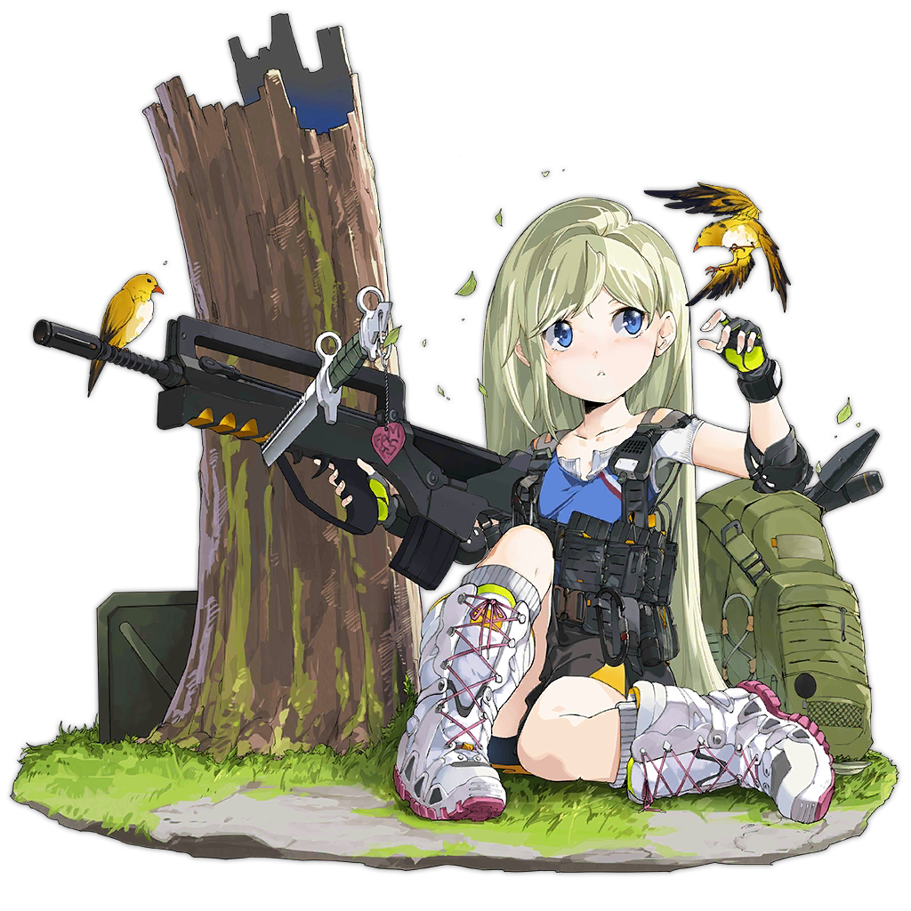 1girl aged_down animal_request assault_rifle backpack bag bird black_gloves black_skirt blonde_hair blue_eyes blue_shirt boots bullpup character_name closed_mouth collarbone colored_shoe_soles cross-laced_footwear elbow_pads famas famas_(forest_whisperer_and_birds)_(girls'_frontline) famas_(girls'_frontline) fingerless_gloves full_body girls'_frontline gloves grass green_bag gun heart holding holding_gun holding_weapon knife ky_(nimbusky) lace-up_boots layered_shirt leaf long_hair looking_to_the_side official_alternate_costume official_art planted planted_knife rifle shirt short_sleeves simple_background sitting skirt sleeveless sleeveless_shirt socks solo tactical_clothes transparent_background tree_stump very_long_hair weapon white_footwear white_shirt white_socks