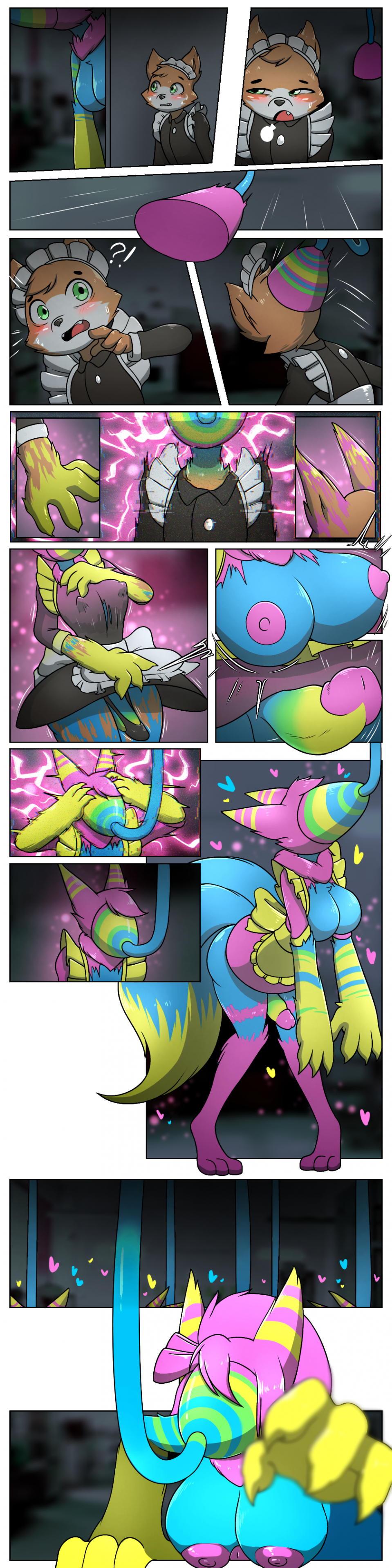 absurd_res anthro assimilation big_breasts blue_body blue_fur body_size_growth breast_growth breasts canid canine chest_tuft clothed clothing colored comic deltarune duo forced forced_transformation fox fur gender_transformation genital_growth genitals growth gynomorph hi_res hypnosis identity_death intersex judgement6x long_image maid_uniform male mammal mind_alteration mind_control mtg_transformation mti_transformation nipples orange_body orange_fur panties partially_clothed penis penis_growth pink_body pink_fur reaching_towards_viewer size_growth size_transformation species_transformation surprised_expression tail tail_growth tall_image transformation tuft undertale_(series) underwear uniform werewire white_body white_fur yellow_body yellow_fur