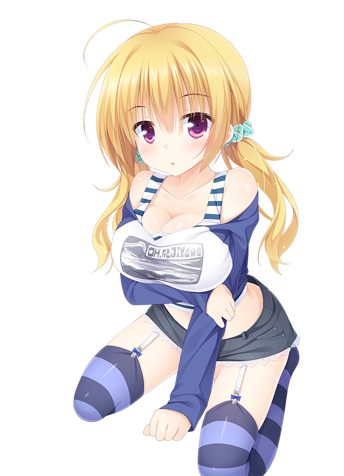 1girl ahoge aqua_scrunchie arm_under_breasts bare_shoulders black_shorts blonde_hair blue_shirt blush breast_hold breasts cleavage cleavage_cutout clenched_hand clothing_cutout collarbone commentary_request expressionless eyes_visible_through_hair frilled_shorts frills garter_straps grabbing_own_arm hair_between_eyes hair_ornament hair_scrunchie knees_out_of_frame large_breasts lena_liechtenauer long_sleeves looking_at_viewer low_twintails parted_lips purple_eyes scrunchie sekine_irie senren_banka shirt shorts simple_background sitting sleeves_past_wrists solo thighs twintails two-tone_shirt wariza white_background white_shirt zettai_ryouiki