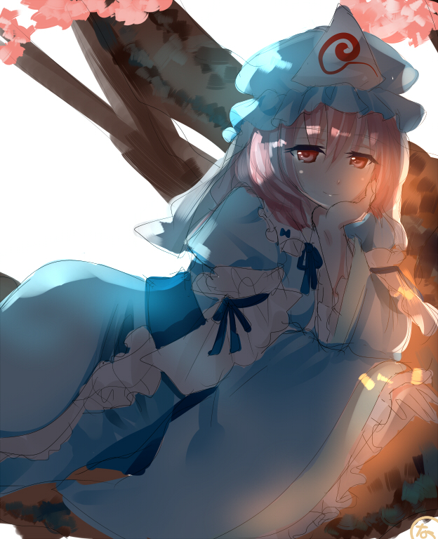 1girl blue_headwear blue_kimono cherry_blossoms closed_mouth frilled_kimono frills half-closed_eyes hat japanese_clothes kimono long_sleeves looking_at_viewer mob_cap nagare outdoors pink_eyes pink_hair saigyouji_yuyuko sash short_hair simple_background solo touhou triangular_headpiece white_background wide_sleeves