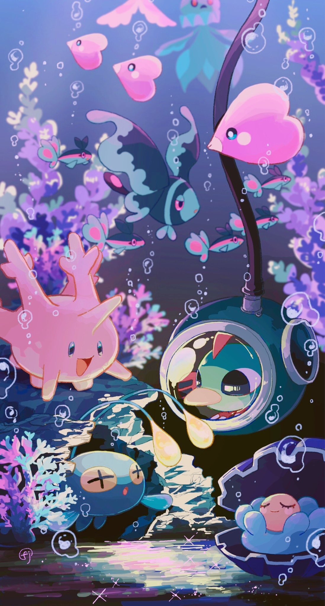 air_bubble bubble chikafuji chinchou clamperl closed_mouth coral coral_reef corsola diving_helmet finneon frillish frillish_(male) half-closed_eyes helmet highres looking_at_another lumineon natu ocean open_mouth pokemon pokemon_(creature) submerged swimming underwater