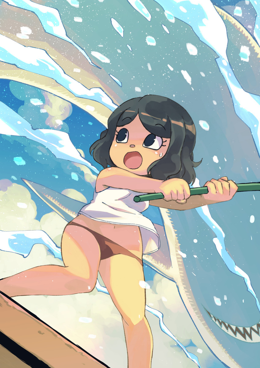 1girl animal_crossing bare_arms bare_shoulders bikini bikini_bottom_only black_hair blue_eyes blue_sky breasts cloud eyelashes fish fishing fishing_rod highres holding holding_fishing_rod medium_breasts muramasa_mikado open_mouth orange_bikini outdoors shark shirt short_hair sky sleeveless sleeveless_shirt solo standing swept_bangs swimsuit villager_(animal_crossing) white_shirt