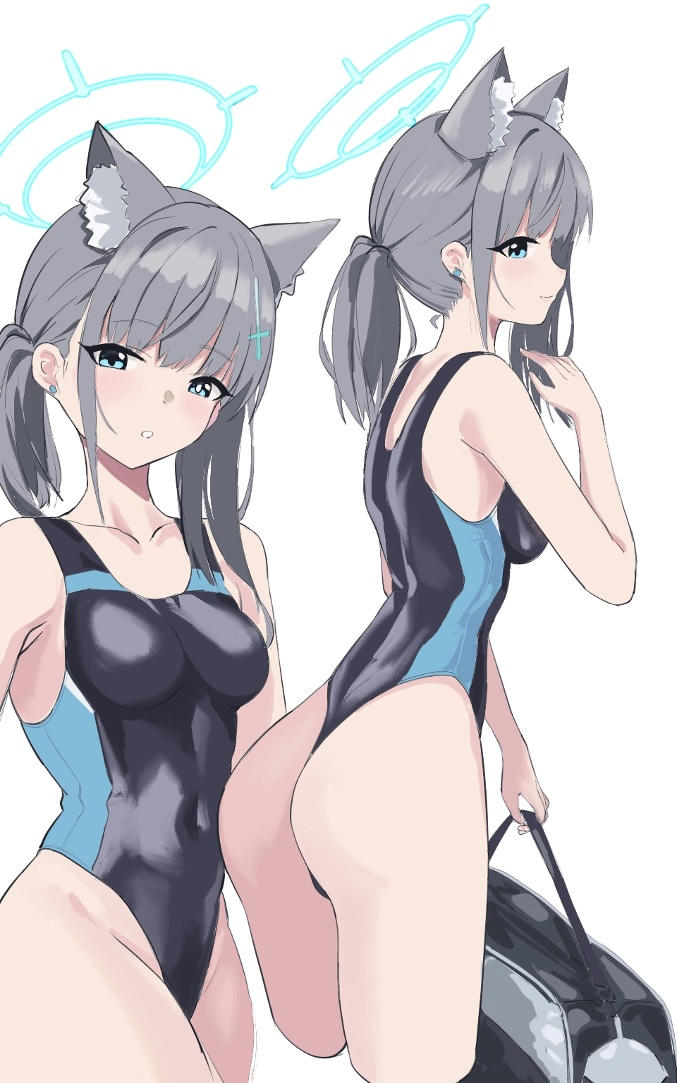 1girl animal_ear_fluff animal_ears ass bag black_one-piece_swimsuit blue_archive blue_eyes breasts commentary competition_swimsuit covered_navel cropped_legs cross_hair_ornament extra_ears grey_hair hair_ornament halo highres looking_at_viewer low_ponytail lylylycctv medium_breasts medium_hair mismatched_pupils multicolored_clothes multicolored_swimsuit multiple_views official_alternate_costume one-piece_swimsuit one-piece_thong shiroko_(blue_archive) shiroko_(swimsuit)_(blue_archive) simple_background standing swimsuit white_background wolf_ears