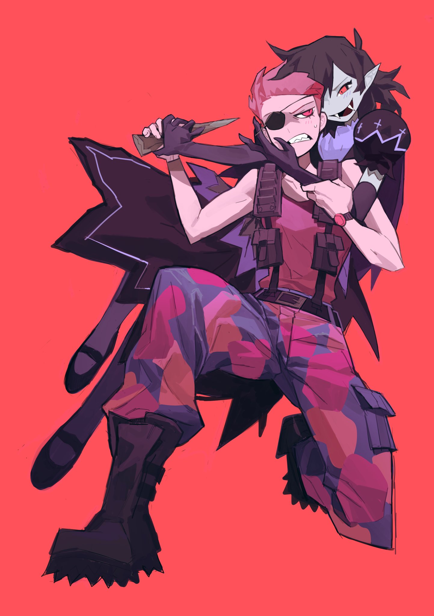 2girls adventure_time adventure_time:fionna_and_cake black_gloves boots camouflage camouflage_pants colored_skin eyepatch fangs gloves highres knifedragon marceline_abadeer multiple_girls pants pink_hair pink_skin pointy_ears princess_bonnibel_bubblegum red_background red_eyes short_hair simple_background stake tank_top vampire