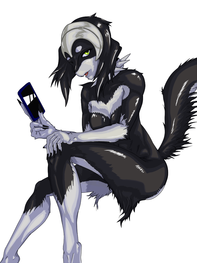 alpha_channel anthro asuka_kurehito atlus black_body black_fur black_hair black_nails breasts canid collar colored_nails dormarth_(megami_tensei) eyelashes female fur green_eyes grey_body grey_fur hair holding_object holding_phone looking_at_viewer mammal megami_tensei nails nude open_mouth phone sega sharp_nails simple_background sitting solo spiked_collar spikes thick_thighs transparent_background wide_hips